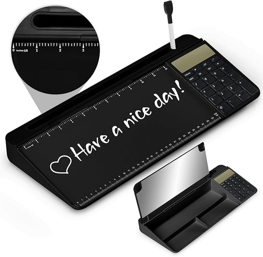 Desktop Glass Whiteboard with Mirror & Calculator(12 Digit LCD Display) & Ruler Marker,Tilted Computer Keyboard Stand with Dry Erase Board Surface, Desk Organizers with Accessories,Black
