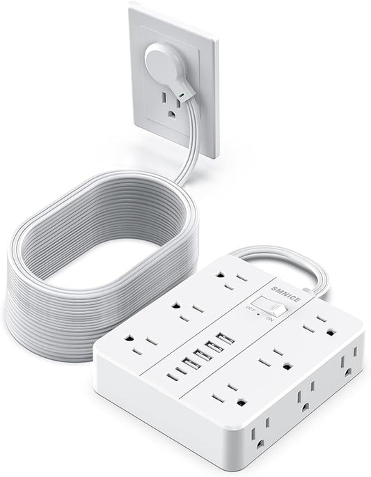 Power Strip Surge Protector 25ft Extension Cord,SMNICE Flat Plug with 12 Outlets 6 USB(2 USB C),Surge Protector Charging Station with Overload Protection for Home, Dorm,Office