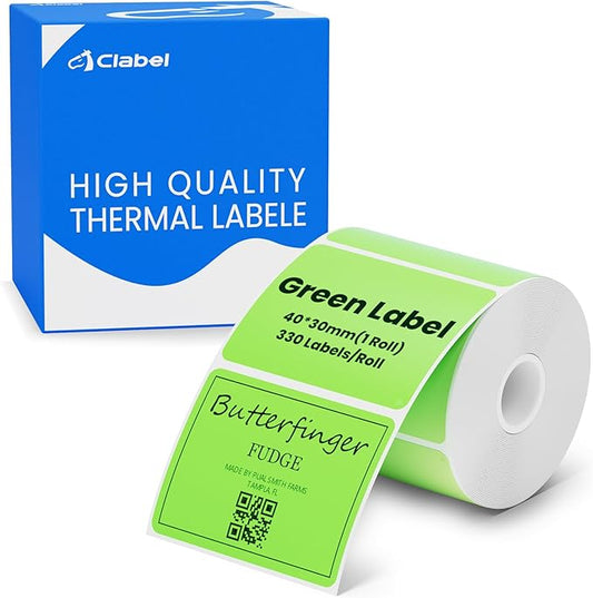 CLABEL Thermal Label 1.57'' x 1.18'' (40x30mm) Self-Adhesive Stickers for 220B/221B/230B Label Maker 330 Labels/Roll Black Text on Green Paper in Stronger Waterproof Tear-Resistant for Business Home