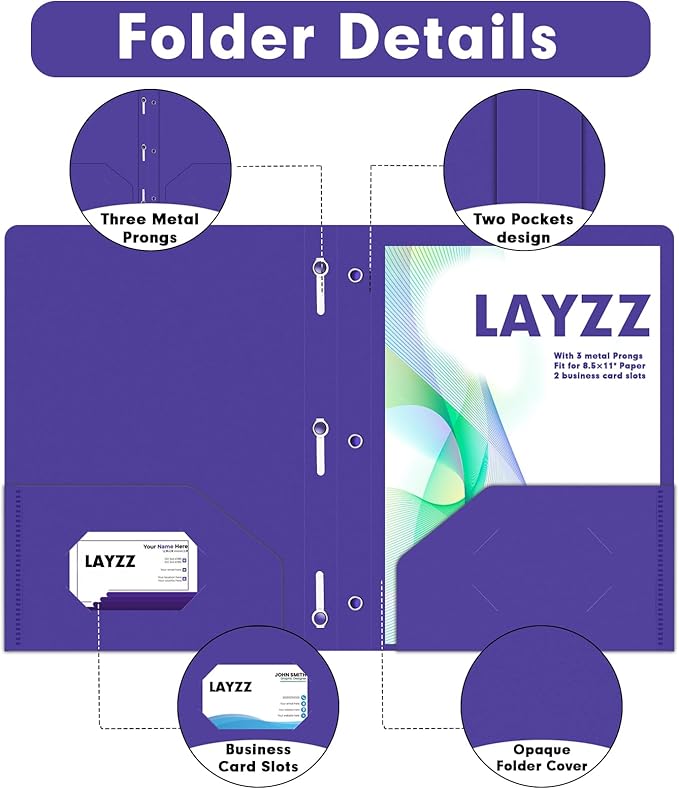Plastic 2 Pocket Folders with Prongs, 30 Pack, Heavyweight, Letter Size Poly Folders with 3 Metal Prongs Fastener Clips (Purple)