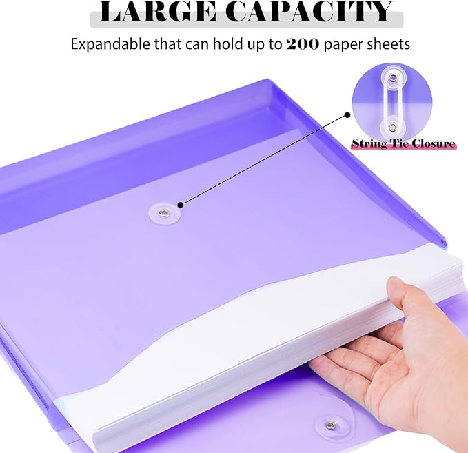 A4 Letter Size Plastic Poly Envelopes with Button and String Tie Closure, 1-1/4" Expansion Clear File Folders Side Loading Documents Organizer for Home School and Office Supplies (6)