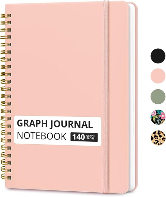 Taja Graph Spiral Journal Notebook for Women & Men, 140 Pages, Graph Paper Hardcover Notebook for Planning & Tracking, Journals for Graphing, A5(6"x8") - Pink