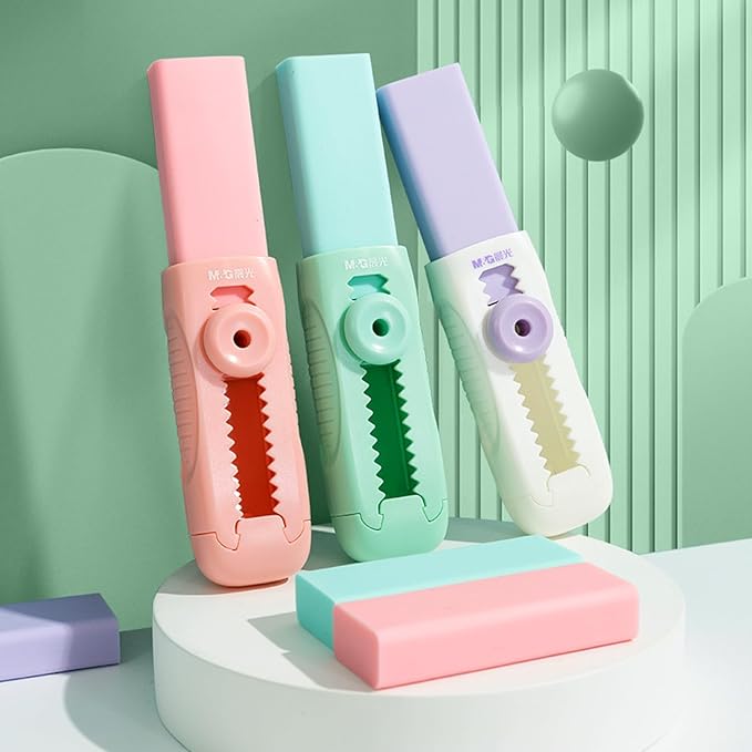 M&G 4+1 Pack Rubber Erasers Sliding Retractable Eraser, Soft Cute Erasers Push Pull Large Pencil Eraser with Plastic Sleeve 4 Refill Eraser for Students Kids, School Office Home Supplies (Purple)