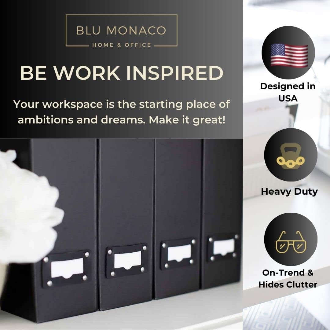 Blu Monaco Foldable Black Magazine File Holder with Leather Label Holder - Set of 6 Cardboard Magazine File Boxes Desk File Organizer