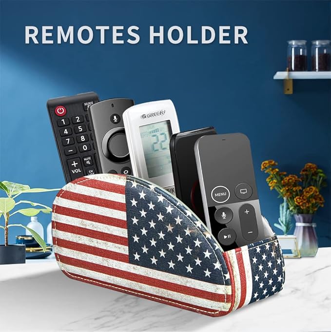 Remote Control Holder PU Leather TV Remote Caddy for Table, 5 Compartments Nightstand Organizer for Bedroom Accessories/Bedside Remotes/Media Controllers/Office Supplies, Decorations for Living Room