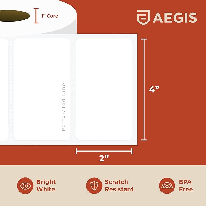 Aegis Adhesives - 2” X 4” Direct Thermal Labels for Shipping & Postage, Perforated & Compatible with Rollo, Zebra, & Other Desktop Label Printers (12 Rolls, 350/Roll)