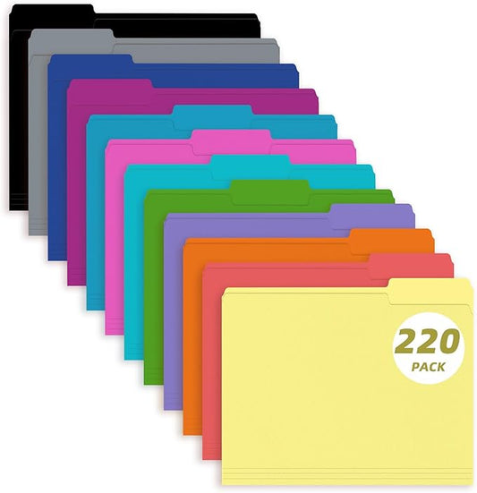 File Folder, PANDRI 220 Pack Colored File Folder, 1/3 Cut Tab, Letter Size, Assorted 12 Colors Filing Folder for Office School Business