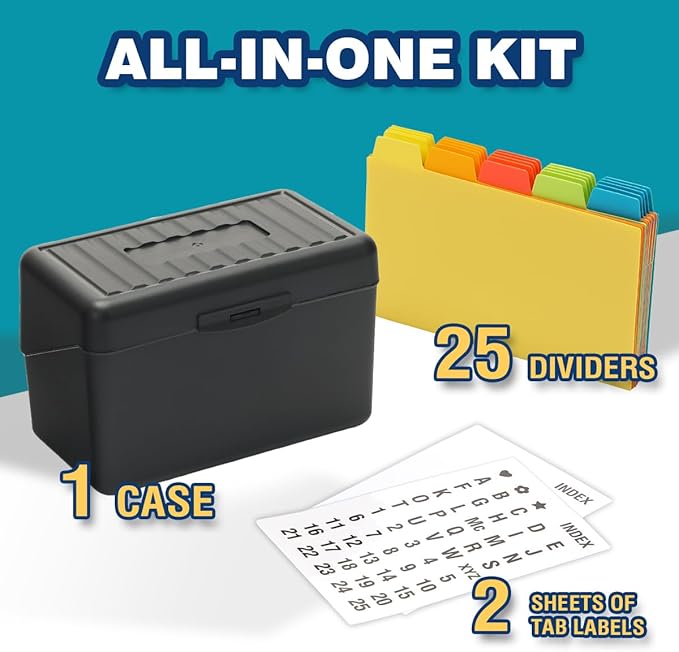 H4D Index Card Holder 3x5 Inches with 25 Plastic Dividers, Black