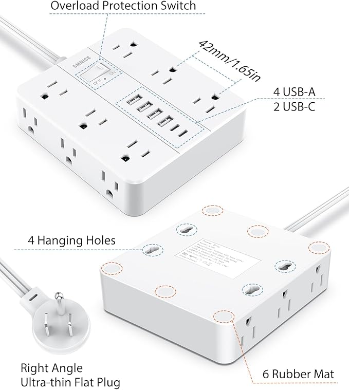 Power Strip Surge Protector 25ft Extension Cord,SMNICE Flat Plug with 12 Outlets 6 USB(2 USB C),Surge Protector Charging Station with Overload Protection for Home, Dorm,Office