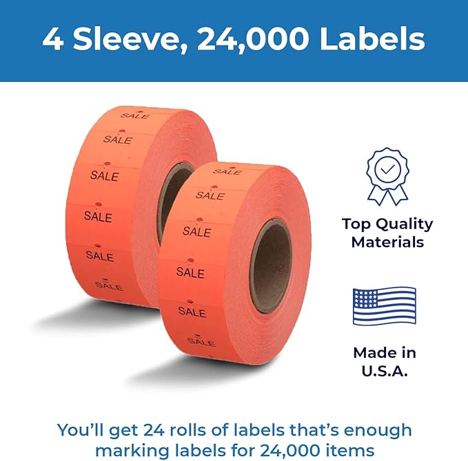 Perco 2 Line Fluorescent Red Sale Labels - 32 Rolls, 4 Sleeves, 24,000 Blank Price and Date Gun Labels for Perco 2 Line Price and Date Guns - Made in USA