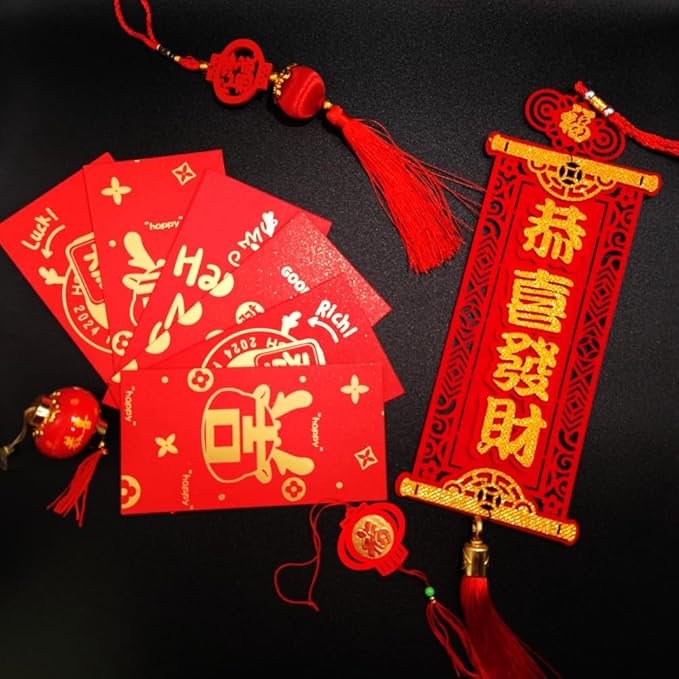 Red Envelopes Chinese 12 PCS,Lucky Money Envelopes,Gold Foil New Year Wishes Envelopes Red Pocket Hong Bao 6 Designs For 2024 The Dragon Lunar Year Spring Festival Birthday Wedding Party Cash Gifts