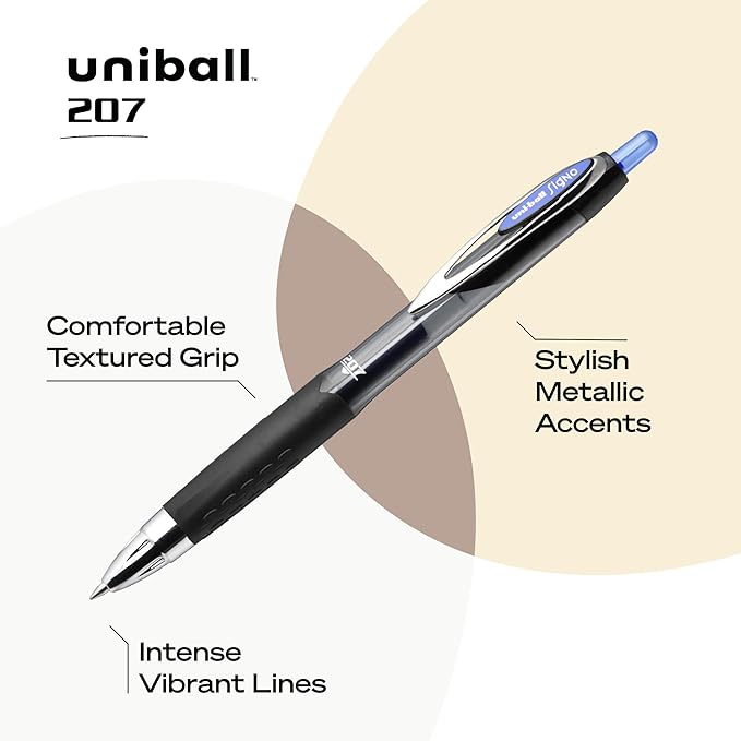 Uniball Signo 207 Gel Pens, 0.7mm Medium Blue, 2 Pack, Archival-Quality Ink, Quick-Drying, Water-Resistant, Stainless Steel Tip