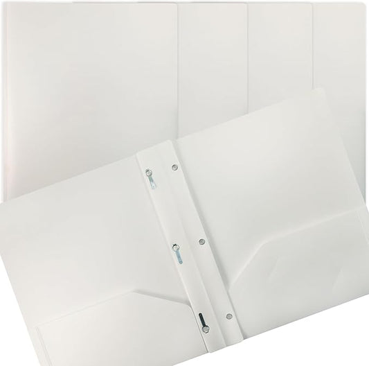 Better Office Products White Plastic 2 Pocket Folders with Prongs, 24 Pack, Heavyweight, Letter Size Poly Folders with 3 Metal Prongs Fastener Clips, White