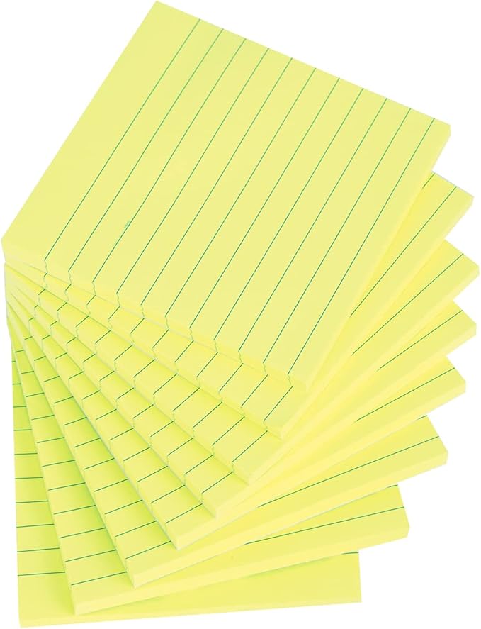 Vanpad Lined Sticky Notes 4x4 Inches, Lemon Yellow Ruled Self-Stick Pads, Easy to Post for Home, Office, Notebook, 8 Pads/Pack