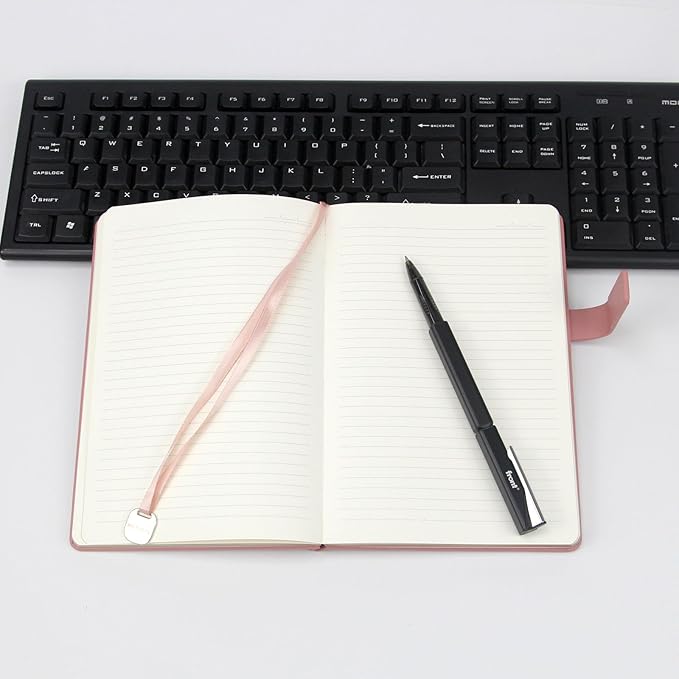 A5 Hard Cover Notebook with Pen Holder, Gold Edges & 180° Lay Flat - Large 5x8.25 Lined, Bookmark, Gift Box - Durable Journal for Office, Study, Travel - Writers, Students (Pink)