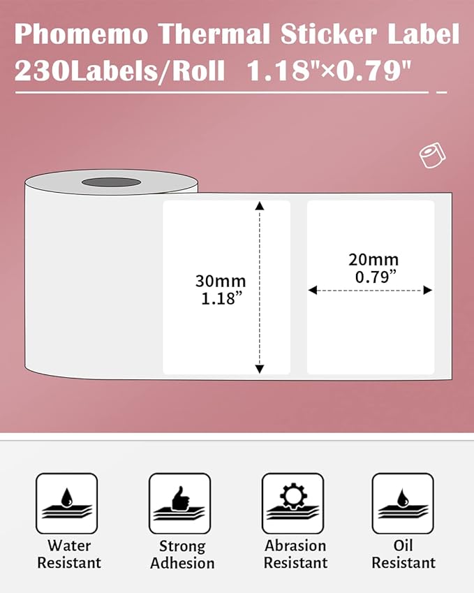 Phomemo Thermal Labels for M110/M221/M220/M120/M200 Label Printer,1.18" x 0.79" (30x20mm), 320 Labels/Roll, Black on White