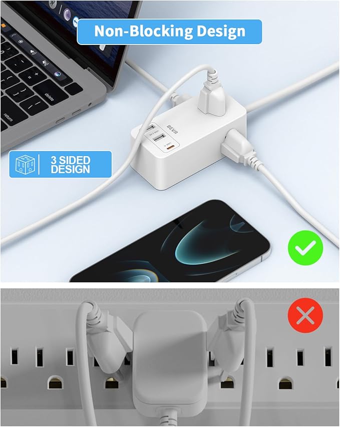 Small Flat Plug Power Strip, Extension Cord with 3 USB Wall Charger(1 USB C), 3 Outlets Mini Charging Station, 5 FT Flat Plug for Cruise Travel Office School Dorm Room Essentials