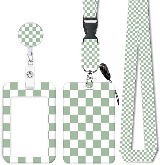 ID Badge Holder with Retractable Lanyard and Keychain, Badge Reel with Rotate Carabiner Clip,Sage Green Checkered Card Name Tag Lanyard ID Protector Bage Clips for Student, Women, Office