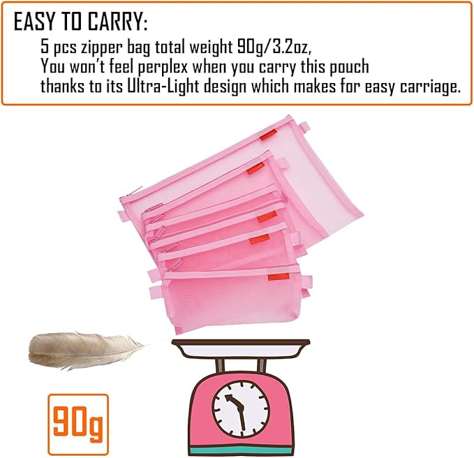 Pendancy Mesh Zipper Pouch 5pcs Lightweight Nylon File Folders Document Organizer Cosmetic Bags Accessories Storage for Travel and Office Supplies(Pink, A4 A5 A6)