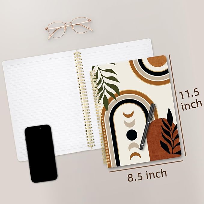 Cute Spiral Notebook journal A4 Aesthetic Pretty Design for Women Girls Kawaii with Pocket, 8.5 x 11 inch, Lined, Moon Boho