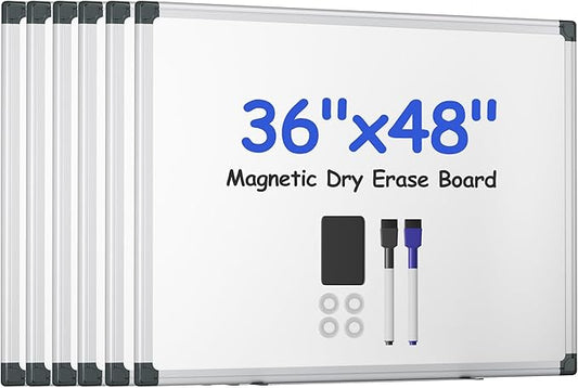 VUSIGN 6PCS Magnetic White Board Hanging 36" x 48" for Office, Class, Home, Sliver Aluminum Frame, 6 Dry-Erase Eraser, 12 Multicolor Marker, 24 Magnetic Pins