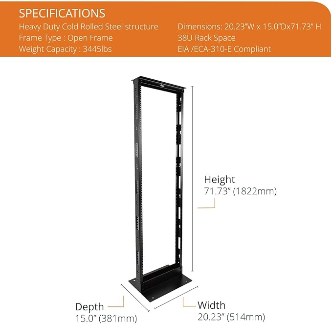 2-Post 38U Open Frame Server Rack for 19inch AV/Data/IT Network Equipment,with Tapped Hole