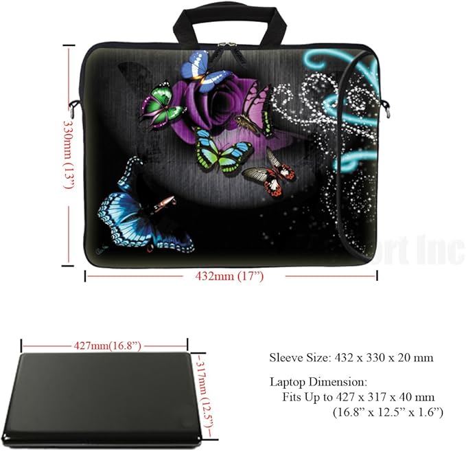 Meffort Inc 17 Inch Neoprene Laptop Bag with Extra Side Pocket, Soft Carrying Handle & Removable Shoulder Strap Fit 16" to 17.3" Size - Gray Butterfly