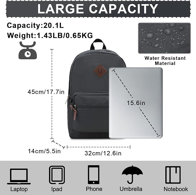 RAVUO Backpack for Men, Water Resistant Grey School Backpack Laptop Rucksack College Bookbag Daypack with Two Bottle Pockets