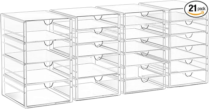 Acrylic Drawer Organizers - 21 Drawers 4 Set - Clear Storage Drawers for Office Supplies - Stackable Makeup Organizer - Dustproof Desk Organizers for Makeup, Jewelry, Pen, Stationary