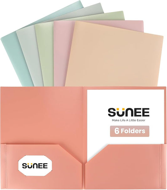SUNEE Folders with Pockets (6 Pack, Vintage Colors), Plastic Folders with Pockets, Poly Folders for Documents Letter Size, 2 Pocket Folders for Kids, Home, School, Office