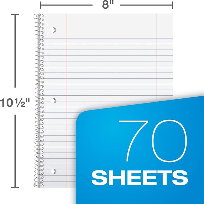 Oxford Spiral Notebook 6 Pack, Bulk Wide Ruled Spiral Notebooks for School, 1 Subject Journal, Wide Ruled Paper, 8 x 10-1/2 Inch, Blue, Yellow, Red, Light Blue, Green and Black, 70 Sheets (65010)
