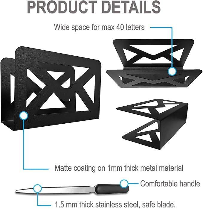 Black Metal Mail Holder, Countertop Letter Organizer with Letter Opener, Office Desktop Envelope Rack, Tabletop Document Stand (Sign)