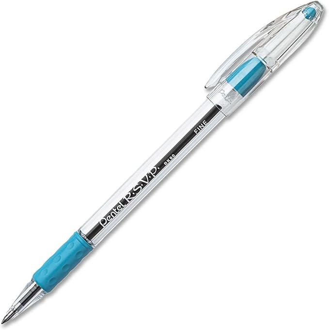 Pentel R.S.V.P. Ballpoint Pen, 0.7mm Fine Tip, Sky Blue Ink, Box of 12 (BK90-S)