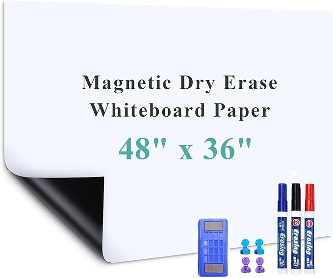 Magnetic Dry Erase Whiteboard Paper, 48" x 36" with Self Adhesive Whiteboard for Wall, Easy to Write and Clean Dry Erase Board for Kids, Office, Home, with Marker, Magnetic Eraser and Magnets