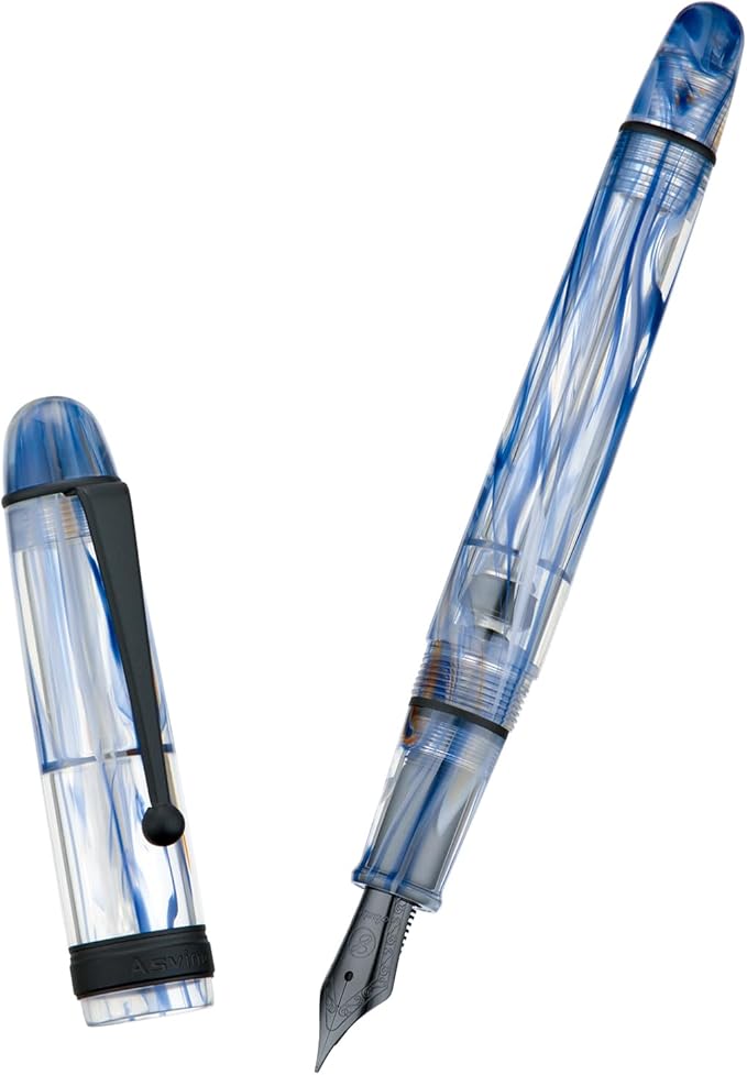 Asvine V126 Vacuum Filling Fountain Pen Extra Fine Nib, Blue Swirl Acrylic, Large-Capacity with Gift Case