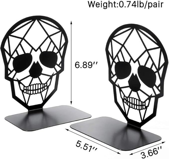 Metal Skull Design Black Bookend - Heavy-Duty Bookends for Shelves, Skull Book Ends for Heavy Books, Book Shelf Holder Home Office Decorative Desktop Organizer (1 Pair)