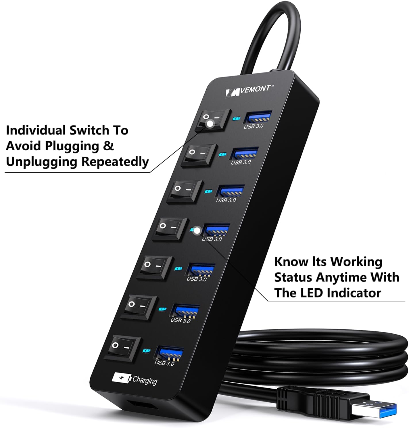 Powered USB Hub 3.0,VEMONT 7 Ports Multi USB hubs and 1 USB Smart Charging Port with 5V/3A Power Supply,USB Extension Splitter with Individual On/Off Switches and 4ft/1.2m Long Cable for PC/Laptop