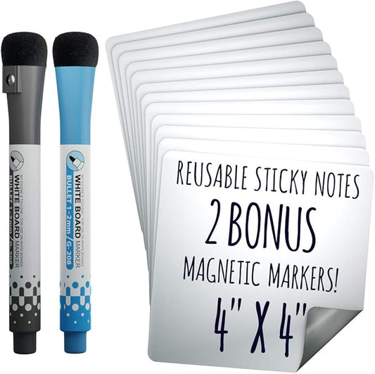 Dry Erase Reusable Sticky Notes - 12 Pack of 4″x4″ Whiteboard Stickers for Lists, Labels, Reminders & Decals - 2 Magnetic Markers - Adheres to Most Surfaces