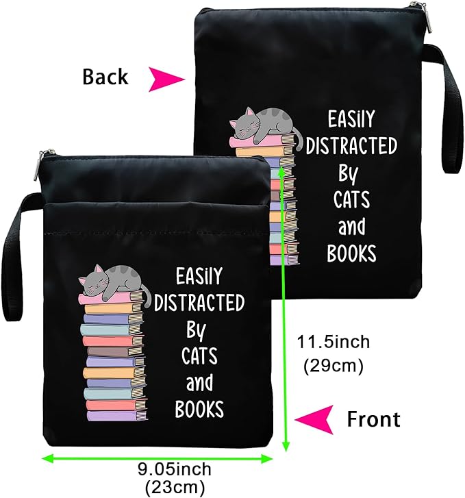 Book Sleeve, Book Covers with Zipper, Funny Cat & Book for Book Lovers, Gifts for Women Teacher Librarian Bookworm Bookish- Easily Distracted by Cats and Books (Black-D, Large)