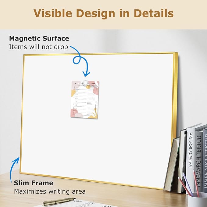 Magnetic Whiteboard, 36"x24" Gold Aluminum Frame Dry Erase White Board for Wall, Large Wipe Board with 6 Magnets, 4 Markers & 1 Eraser for Home and Office