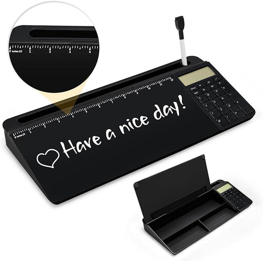 Desktop Glass Whiteboard with Calculator(12 Digit LCD Display) & Ruler Marker,Tilted Notepad Computer Keyboard Stand with Black Dry Erase Board Surface, Desk Organizers with Accessories,Black