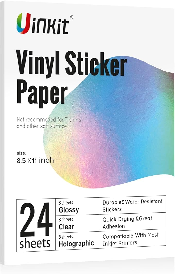 Uinkit Premium Printable Vinyl Sticker Holographic Glossy Transparent Each 8 Sheets For Inkjet Printer Variety Pack- 24 Sheets Mixed Finish Label Dries Quickly Vivid Colors, Holds Ink well