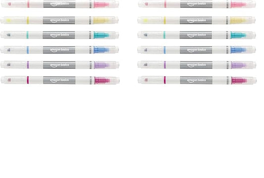 Amazon Basics Erasable Highlighters Assorted Colors, Dual Tip, 12-Pack, Office and School Supplies for Note-Taking