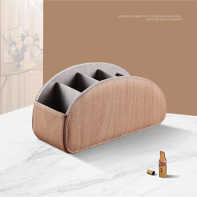 YAPISHI All-in-One Leather TV Remote Control Holder With 5 Compartments Nightstand Desktop DVD Media Player Remote Caddy Storage Box Organizer Tray For Makeup Brush Pen Stationary Table Controllers