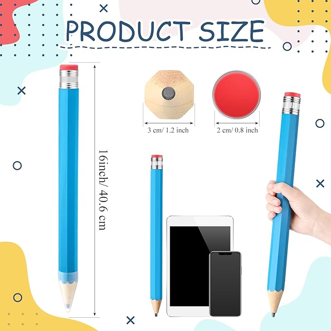 2 Pcs 16 Inch Pencils Wooden Jumbo Pencils Giant Wooden Pencils Funny Big Pencil with Cap Eraser Large Pencil Fun Novelty Gifts for Kids School Kindergarten Home Office Supplies(Blue)