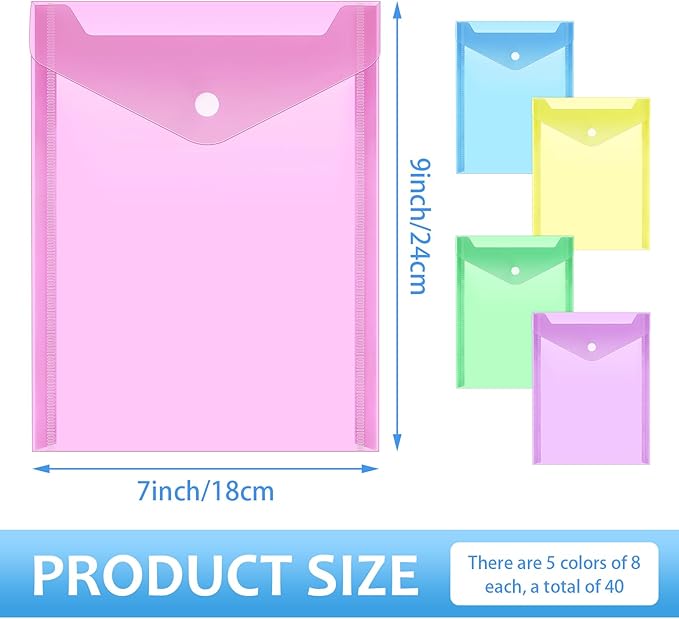 Vmiapxo 40 Pack Multi-Color Stamp and Die Storage Pockets, Reusable Rainbow Small Plastic Envelopes Waterproof Sticker Organizer Receipt Holder Photo Storage Folders (7" x 9.4")