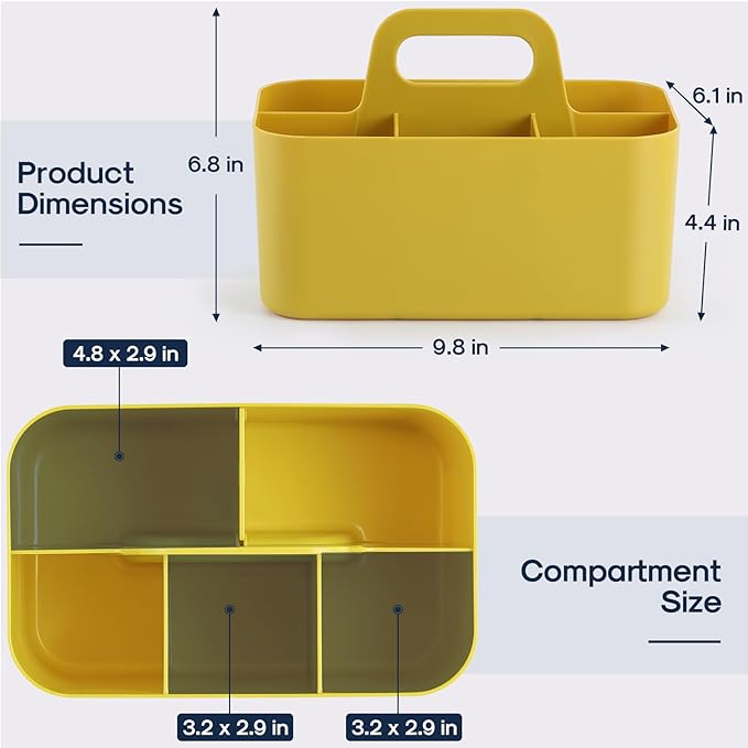 Multiuse Caddy Organizer w/ Handle - Stackable Plastic Tote Bin - Art Craft Supplies, Office, Desk, Stationery Pen Holder, Kitchen, Utensil, Makeup, Bathroom, Shower, Cleaning, Dorm Organizer - Yellow
