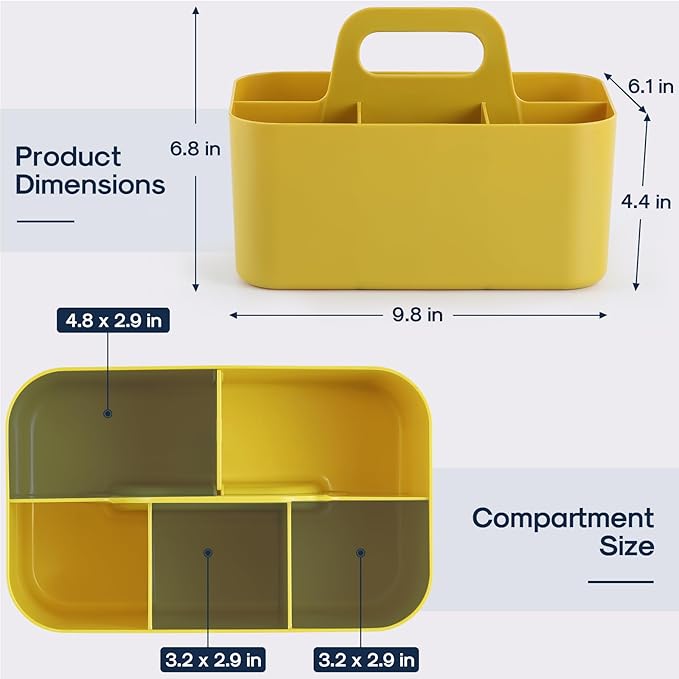 Multiuse Caddy Organizer w/ Handle - Stackable Plastic Tote Bin - Art Craft Supplies, Office, Desk, Stationery Pen Holder, Kitchen, Utensil, Makeup, Bathroom, Shower, Cleaning, Dorm Organizer - Yellow