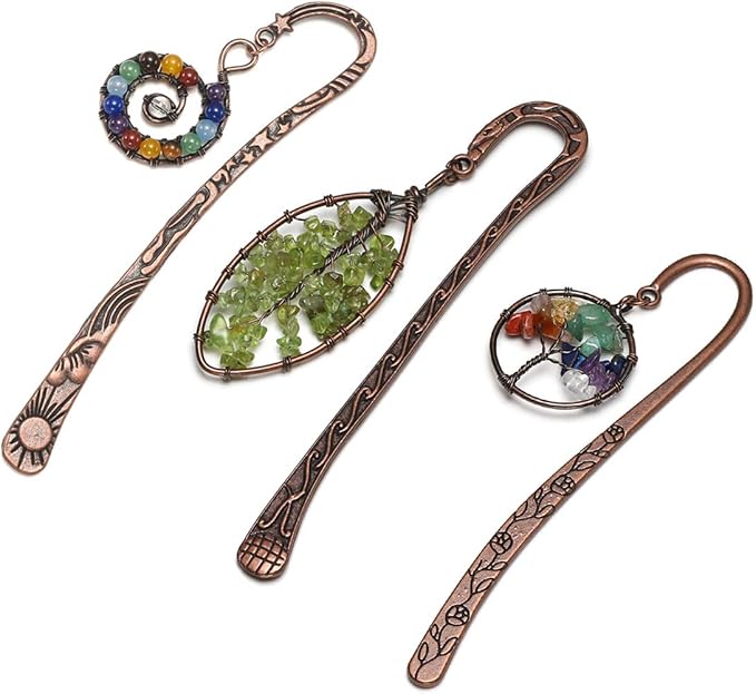 Jovivi 3pcs Antique Copper Metal Bookmark Beading Bookmarks with Handmade 7 Chakra Healing Crystals Tree of Life Tumbled Gemstones & Swirl & Leaf Bead