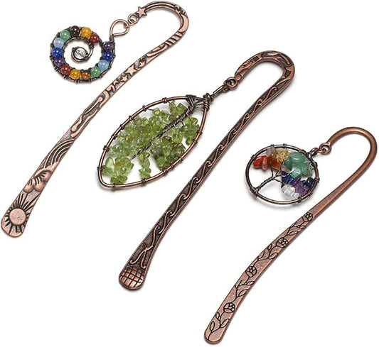 Jovivi 3pcs Antique Copper Metal Bookmark Beading Bookmarks with Handmade 7 Chakra Healing Crystals Tree of Life Tumbled Gemstones & Swirl & Leaf Bead